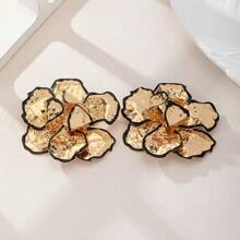 1 Pair Golden Color Enameled Big Flower Floral Statement Earring For Women