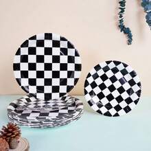 68/10/套，黑白棋盘主题派对用品，一次性派对餐盘，派对纸盘。包含7英寸餐盘、9英寸餐盘、纸杯和纸巾套装。适合16人使用，野餐用品，生日派对，露营，装饰和庆祝活动。派对礼物，新娘送礼会，餐厅装饰，厨房用具，比赛，俱乐部，黑白棋，世界象棋