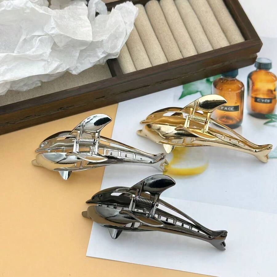 海豚设计发爪 波西米亚风动物耳朵爪夹 发夹 发颚夹 发夹 发夹 接发夹 - 銀色 - 查看 1