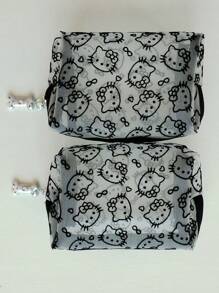 Sanrio 1pc Kitty Flocked & Mesh Portable Cosmetic Bag, Large Capacity Makeup Storage Pouch, Practical For Outdoor Use