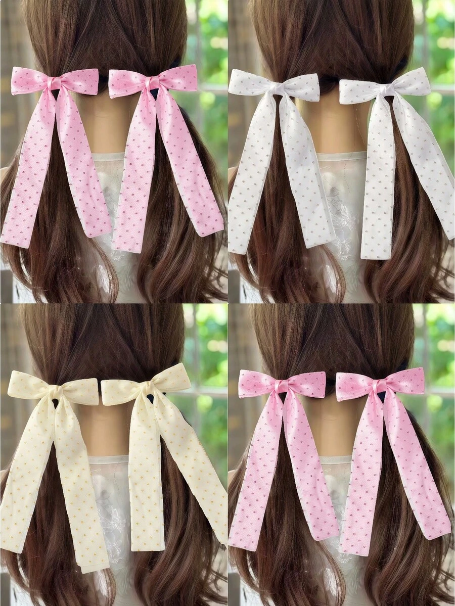 2pcs Girls Sweet Chiffon Bow Ribbon Hairclips - Gold - View 1