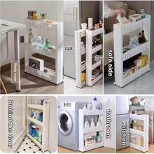 3/2 层滚动储物车 - 白色，节省空间的厨房、浴室和客厅收纳工具 | 易于组装，多功能搁架单元，带侧袋和网格储物空间，适用于狭窄空间，抛光饰面搁板，浴室储物架 - 白色 - 查看 9