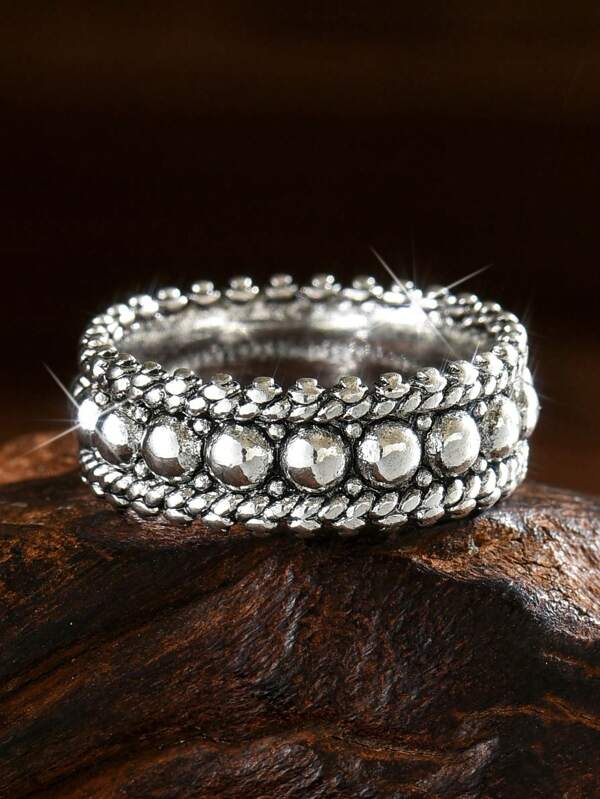 1pc Boho Style Vintage Silver Mother Daughter Beaded Ring, Everyday Wear