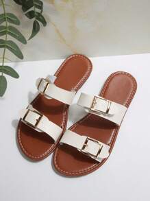Sandalias de mujer de talla grande, de punta abierta y deslizamiento, sandalias planas minimalistas cómodas con decoración de hebilla metálica, zapatos de playa casuales de verano