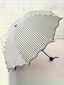 Fashionable Waterproof Striped Umbrella, Manual Folding Umbrella, Distinctive Waterproof Striped Umbrella With Lace Details - Durable Iron Frame, Easy To Clean In Rainy Days, Easy To Clean Sun Umbrella