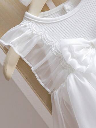 2pcs Newborn Baby Girls Fashionable Princess Mesh Sleeveless Bodysuit And Headband Set, Summer