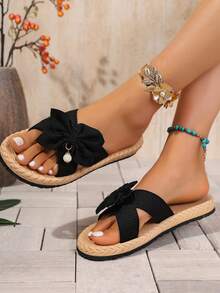 Sandalias de verano para mujer talla grande, con diseño plano de moda, con cierre deslizante, adorno de lazo y cuentas, antideslizantes, transpirables, para la playa - Negro - Ver 7