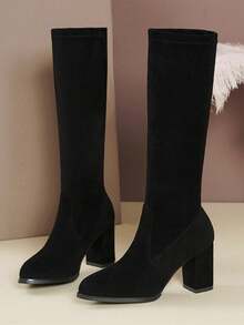女士时尚弹力中筒靴，新款秋冬粗跟高跟尖头绒面过膝修身靴 - 黑色 - 查看 5