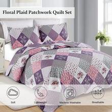 Floral Plaid Patchwork Quilt Set King Size, Reversible Brown Bedding Set Soft Microfiber Lightweight Bedspread Coverlet 3 Piece All - Season Use (104x90 Inches) - 紫色 - 查看 2