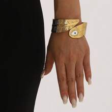 1pc Fashionable Stainless Steel Exaggerated Open Wide Bracelet With Tree Leaf & Eye Spring Clasp, Suitable For Women As Holiday Accessory