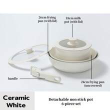 Juego de 4/6 piezas de utensilios de cocina de cerámica antiadherentes, saludables, con olla y asa desmontable, apto para caravanas, resistente a la suciedad y los arañazos, apto para lavavajillas/horno, incluye sartén, olla de sopa, tapa y asa desmontable, color blanco crema.