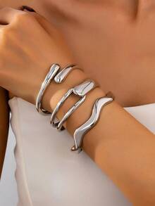 3pcs/Set Fashionable Minimalist Heavy Metal Geometric Wave Bamboo Knot Asymmetrical Shape Bangle Bracelet Set, Suitable For Women, Thick Smooth Metal And Zinc Alloy Material Bangle Set - Bright - View 2