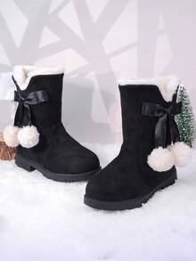 زوج من بوت الأطفال متوسطة الساق مزينة بفيونكة، بطانة من الفرو الصناعي، وظيفة دافئة، متوسطة الارتفاع، كعب مسطح، طراز أزياء، باللون البني مناسبة للموسم البارد