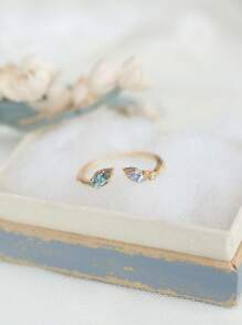 1pc Luxury High-End Versatile 18K Rose Gold Plated Blue Feather Gradient Faux Crystal Blue Topaz/Tanzanite Leaf Open Ring, Suitable For Women, Wedding, Birthday, Evening Party, Valentine's Day Gift