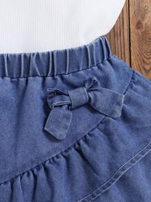 Girls' Summer Floral Trim Camisole Top + Skirt With Bow Ruffle Layered 2 Pieces Set, Girls' Casual Holiday Outfit