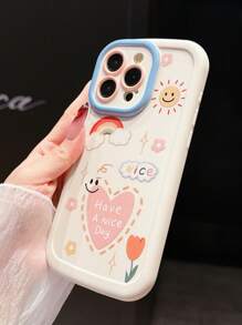 Funda con estampado de manzana de 1 pieza y eslogan para iPhone 11 12 13 14 Pro Max 15 16 Pro Max, de color blanco y arcoíris, con un diseño de cara sonriente y soleado