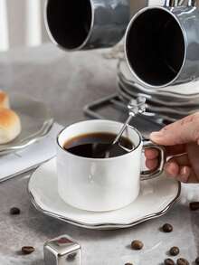 Bộ 1 tách và đĩa cà phê gốm cao cấp hình cột, tách và đĩa cà phê viền bạc sang trọng, thích hợp dùng tại nhà, văn phòng, dùng làm tách cà phê, tách đồ uống. - Nhiều màu - Xem 5