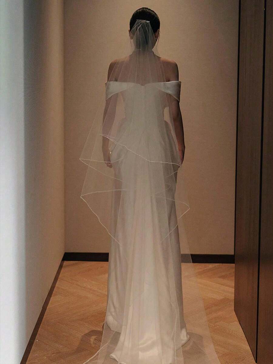 双层简约线条设计新娘头纱,带长拖尾,高端小众婚纱摄影配饰女士秋装 - 白色 - 查看 1