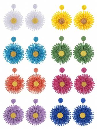1 Pair Bohemian Style Handmade Woven Raffia Straw Round Sunflower Pendant Earrings