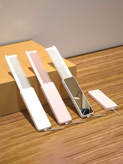 Handheld Folding Comb Makeup Mirror, Comb Mirror 2-In-1, ABS Plastic Material, Compact And Portable Makeup Mirror, Travel Essential, Available In Pink And White