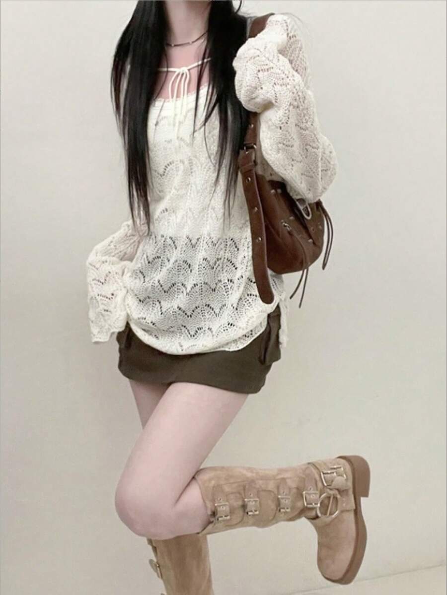 YCYC 韓式風格 春/秋季 女款鏤空設計長袖前綁帶針織上衣 - 杏色 - 查看 1