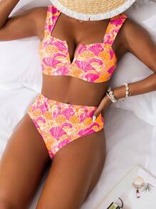 Women's Sexy Deep V Seashell Print Bikini Top And High Waist Slimming Triangle Bottom Bikini Set Set, Beachwear For Holiday