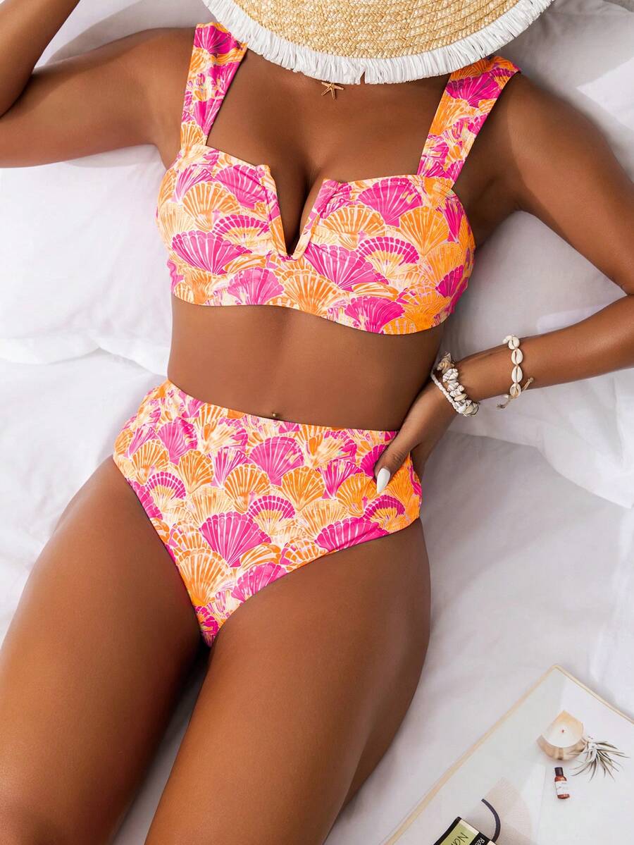Women's Sexy Deep V Seashell Print Bikini Top And High Waist Slimming Triangle Bottom Bikini Set Set, Beachwear For Holiday