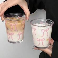 1 件少女蝴蝶结厚玻璃水杯，容量 350 毫升，印花设计，适合家庭早餐、办公室茶、派对/婚礼，可爱的小咖啡/果汁杯，耐热，送给朋友、同学、节日的绝佳礼物