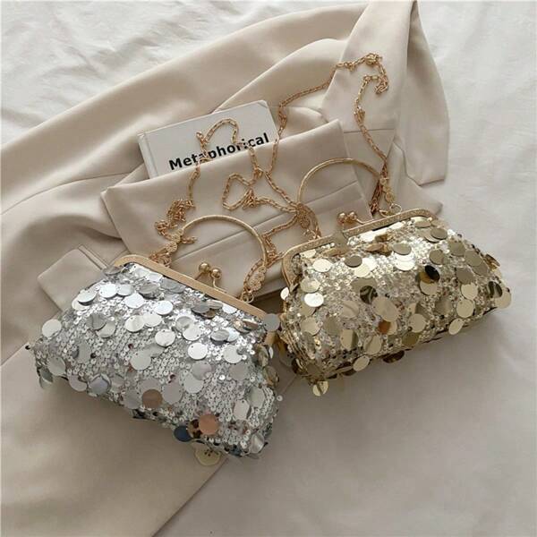 Sac pochette à sequins avec une poignée en métal et une chaîne décorative, sac de soirée pailleté et perlé, convient aux femmes/filles, aux affaires, aux sorties, aux courses, aux vacances et à l'usage quotidien