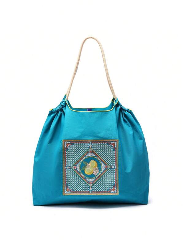 New Fashion High-End Grey Sicily Lemon Embroidery Pattern Casual Tote Bag, Suitable For Work, Shopping, Simple Shoulder Bag Versatile, High Quality & Stylish