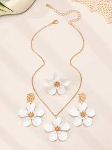 4pcs Set Elegant Chic Embossed Floral Alloy Jewelry Set Including Necklace, Ring, Earrings, Fashion, Versatile, Suitable For Parties, Traveling, Daily Wear, Holidays, Gift