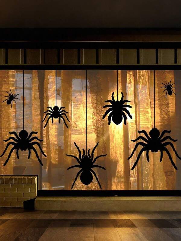 1pc Halloween Decorations Window Clings Decor 7 Pcs Extra Large Spiders Silhouette Scary Black Spider Decorations Window Decals, Waterproof Halloween Window Stickers Indoor, For Home Office Party