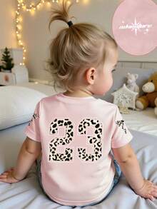 女婴简约数字23和蝴蝶结印花圆领短袖可爱上衣 - 粉色 - 查看 1