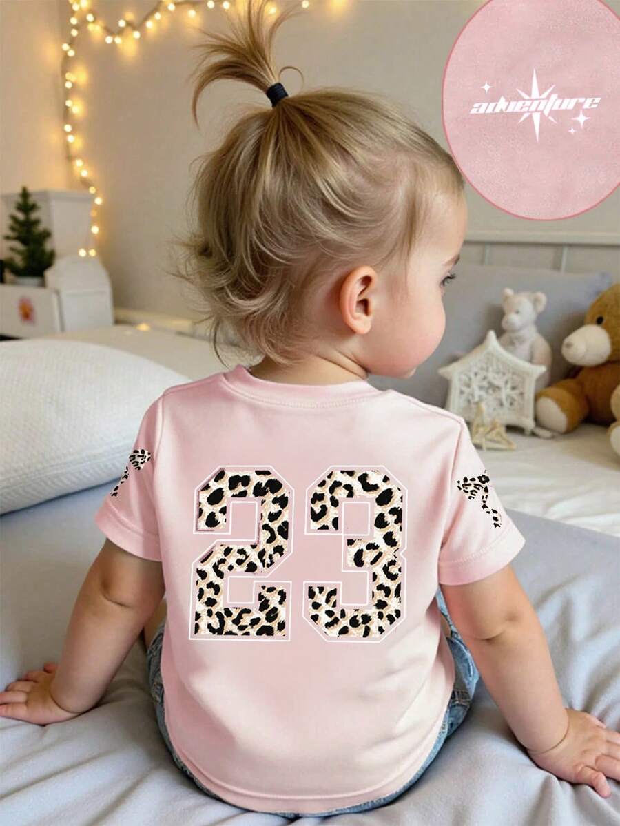 女婴简约数字23和蝴蝶结印花圆领短袖可爱上衣 - 粉色 - 查看 1