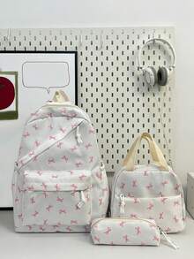 Conjunto de 3 piezas de mochila, estuche para lápices y bolso de mujer con estampado de moño, ligero y espacioso, adecuado para la temporada de regreso a la escuela - Multicolor - Ver 3
