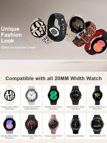 20mm 雙色豹紋雕刻矽膠錶帶，相容於 Galaxy Watch 7 6 5 4 40mm 44mm/5 Pro/6 Classic 47mm/Watch 4 Classic/Active 2, 45mm/Watch 3/Watch 4 Classic 42mm 46mm Watch 6 47mm 43mm，波希米亞風防水運動替換錶帶，相容於 Honor，男女適用 - 星光/黑 - 查看 11