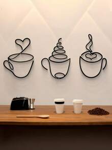 3pcs Set Modern Black Metal Coffee Cup Wall Hanging Art, Cafe Home Decor, Crafts Wall Decor, Suitable For Living Room, Dining Room, Kitchen Background, Indoor Use (With Installation Screws)