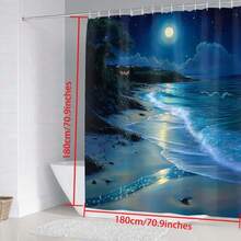 1 件/4 件优雅月亮、海滩、夜景图案浴帘带挂钩，浴室隔断帘，家居装饰，四季可洗