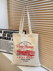 1 件米色帆布手提袋，印有汽车和字母图案，大容量帆布购物袋，耐用女士单肩包，户外旅行帆布包，适合日常通勤、海滩、度假 - 礼品袋 - 米色 - 查看 3