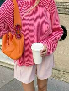 Vivid Style Versatile Vertical Stripe Contrasting Color Casual Loose Knit Sweater For Women, Round Neck Pullover, Commuting Fashion Beauty, Streetwear, Airport, Christmas, New Year