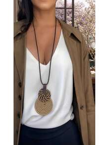 Women's Long Necklace Color Handmade Mandal Pendant - 21.Beige Stripe Coffee - View 2