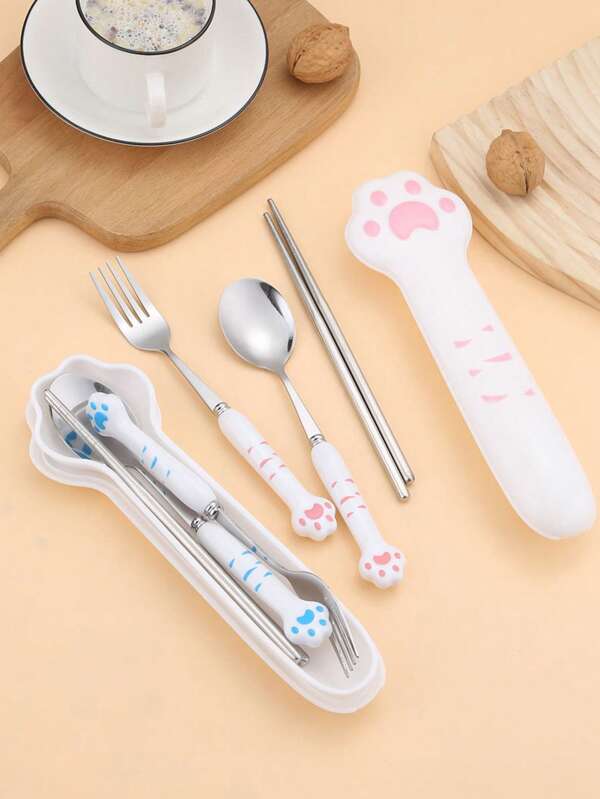 2/3pcs Stainless Steel Portable Tableware Fork Spoon Set With Cute Cat Claw Box - Durable, Easy-To-Clean, Ergonomic Coffee And Dessert Spoons For Home, Kitchen, And Restaurant Use With Adorable Cat-Shaped Design, Back To School