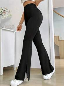 Damen Frühlings-/Sommerluffahose, einzigartige Seitenschlitz dünne Version Lange Hose, Yoga Leggings, hochhüftige eng anliegende Schlupfhose mit weitem Bein, schmale und dehnbare verkürzte Hose, markanter Schlitzsaum - einfarbig Schwarz, Polyester, Maschinenwäsche - vielseitig einsetzbare Schlaghose für alle Jahreszeiten