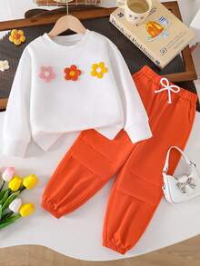 Tween Mädchen-Outfit mit Blumen-bestickter, warmer Rundhals-Kapuzenjacke und gewebter Lange-Hose Set