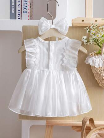 2 st Nyfödda Babyflickor Modern Prinsessa Mesh Ärmlös Body Och Pannband Set, Sommar