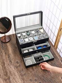 1pc 6/10/12 Slot 2-Layer Or 3-Layer Watch Box With Lock, For Storing Jewelry And Glasses, Suitable For Back To School