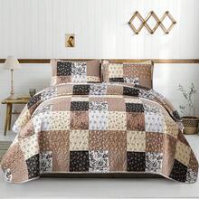 Khaki King Size Quilt Bedding Set, Brown Plaid 3 Pieces Patchwork Floral Reversible Bedspread Coverlet Set All Season, Soft Microfiber, 90X104, All - Season Bedding - Khaki - View 1