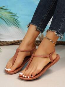 New Women's Fashionable Solid Color Bohemian Flat Sandals - Brown - View 5