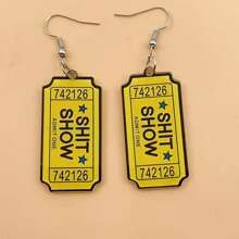 1 Pair Vintage Boho Style Acrylic Cartoon Alphanumeric Earrings, Lightweight Alloy Hook, Quirky "7421 SHOW" Design With Yellow Background & Black Border, Perfect For Daily Wear, Party Gifts, And Humorous Statement Accessories, Humorous Jewelry