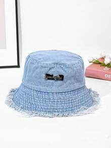 1pc Women Vintage Distressed Metal Decor Brim Fisherman Hat, Fashionable Casual Sunhat, Korean Style Student Couple Outdoor Sun Protection Large Brim Bucket Hat - Multicolor - View 3